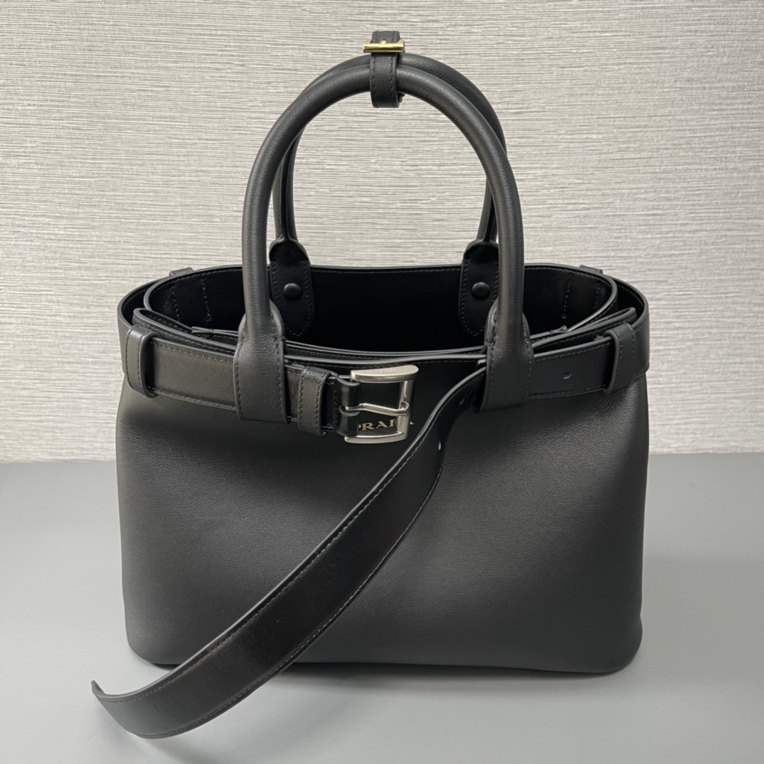 Prada Medium Buckle Leather Handbag Shoulder Bag With Belt Black 1BA434